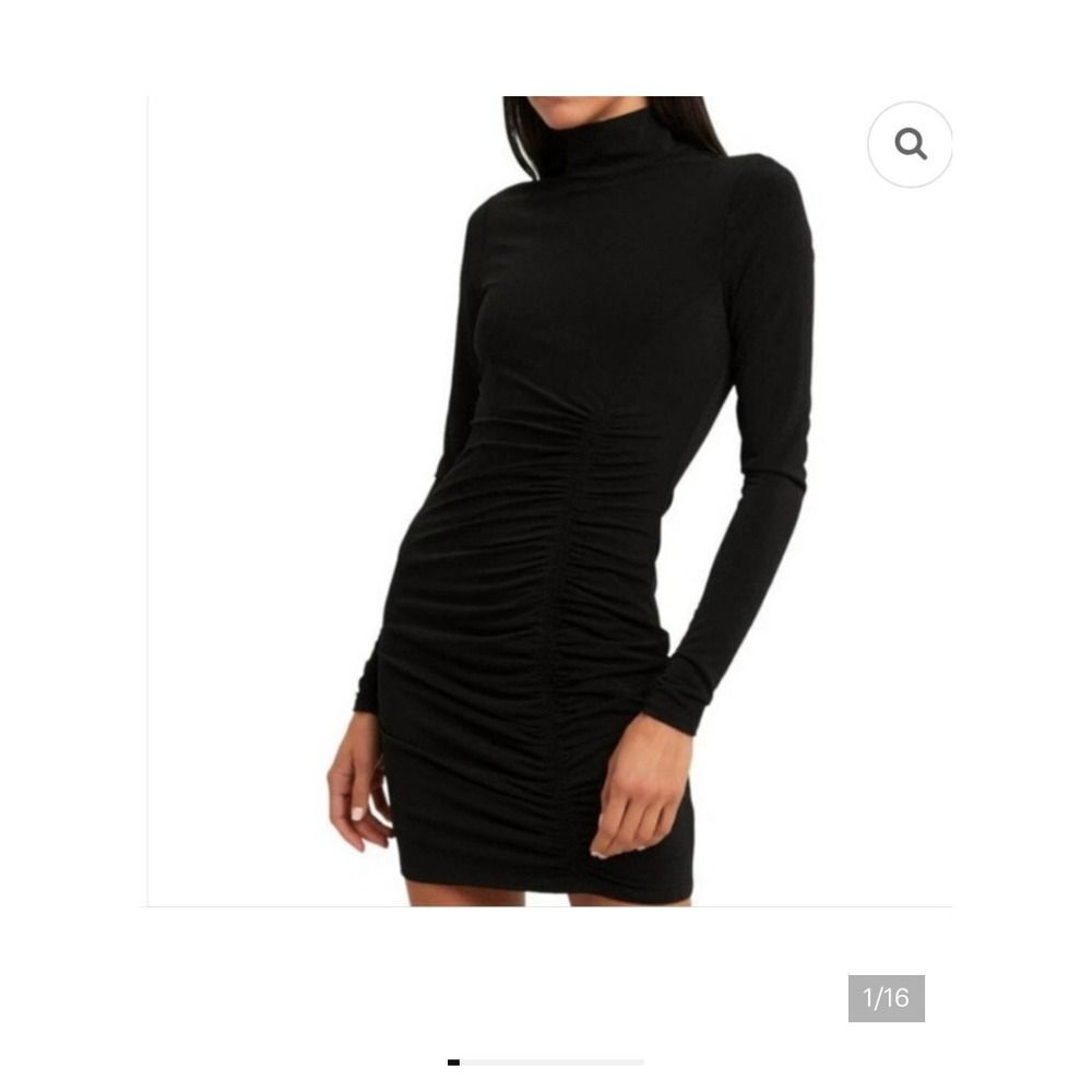 Cinq a Sept Alina Mini Dress Black Ruched Mock Neck Long Sleeve Women's Size 0